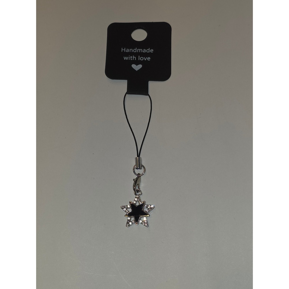 Silver Rhinestone and Black Gem Star Phone Charm Handmade